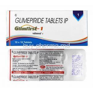 Glimfirst, Glimepiride 1mg box and tablets