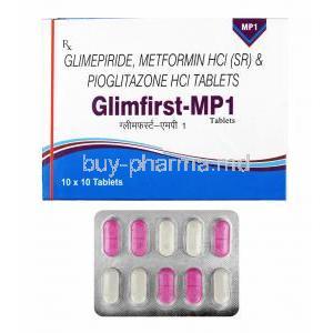 Glimfirst-MP, Glimepiride 1mg, Metformin and Pioglitazone box and tablets
