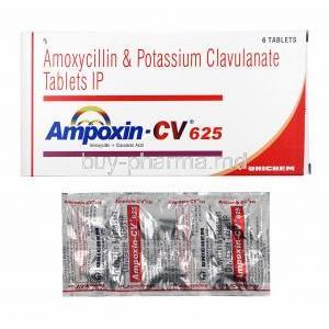Ampoxin-CV, Amoxycillin and Clavulanic Acid 625mg box and tablets