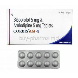 Corbis AM, Amlodipine and Bisoprolol 5mg box and tablets