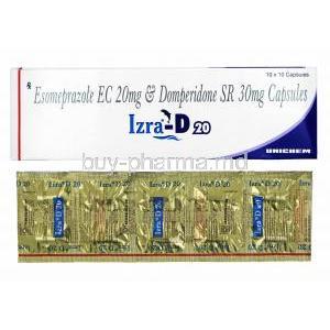 Izra-D, Domperidone and Esomeprazole 20mg box and capsules