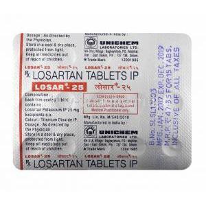 Losar, Losartan 25mg tablets back