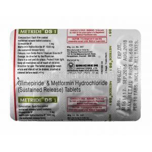 Metride DS, Glimepiride 1mg and Metformin tablets back