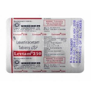 Levtam, Levetiracetam 250mg tablets back