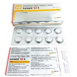 Lorsaid SD, Lornoxicam Rapid Release Tablets 4mg tablets, box and blister packs