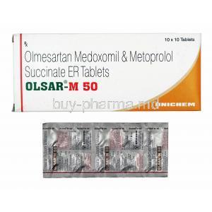 Olsar-M, Olmesartan and Metoprolol Succinate 50mg box and tablets