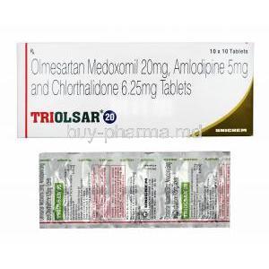 Triolsar, Olmesartan 20mg, Amlodipine and Chlorthalidone box and tablets