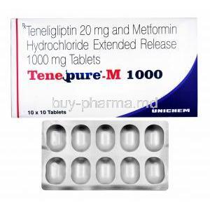 Tenepure-M, Metformin 1000mg and Teneligliptin box and tablets