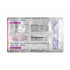 Teneza-M, Metformin 500mg and Teneligliptin tablets back