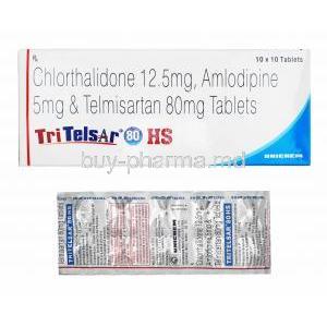 Tritelsar HS, Telmisartan 80mg,  Amlodipine and Chlorthalidone box and tablets