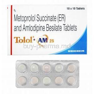 Tolol AM, Amlodipine and  Metoprolol Succinate 25mg box and tablets