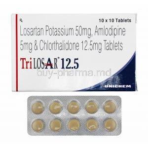Trilosar, Losartan, Amlodipine and Chlorthalidone 12.5mg box and tablets