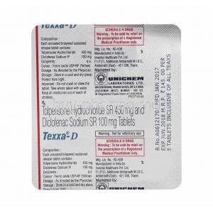 Texxa D, Tolperisone and Diclofenac tablets back