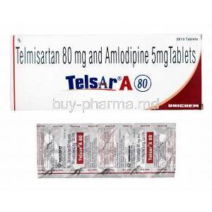 Telsar A, Telmisartan 80mg and Amlodipine box and tablets