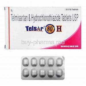 Telsar H, Telmisartan 80mg and Hydrochlorothiazide box and tablets
