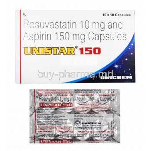 Unistar, Rosuvastatin 10mg and Aspirin 150mg box and capsules