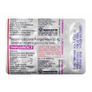 Triposmeal, Glimepiride 1mg, Metformin and Voglibose tablets back