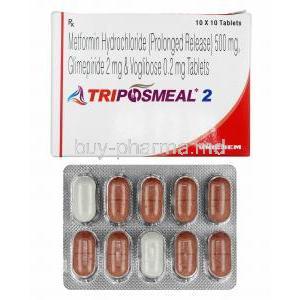 Triposmeal, Glimepiride 2mg, Metformin and Voglibose box and tablets