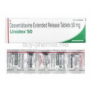 Unidex, Desvenlafaxine 50mg box and tablets