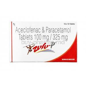 Zulu P,  Aceclofenac (100mg) + Paracetamol  (325mg),box