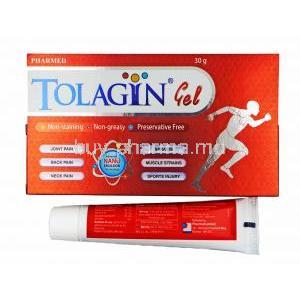 Tolagin Gel, Dicrofenac Sodium, Methyl Salicylate, Menthol and Absolute Alcohol box and tube back