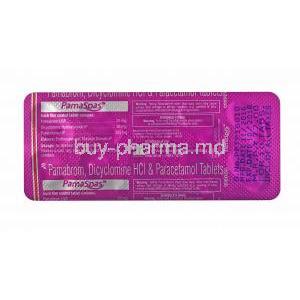 Pamaspas, Paracetamol, Pamabrom and Dicyclomine tablets back