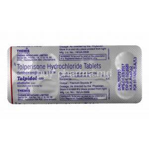 Tolpidol, Tolperisone 150mg tablets back