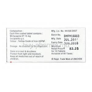 Mirtadep, Mirtazapine15mg tablets, box side view