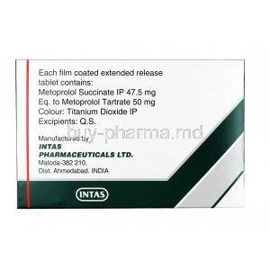 Embeta XR, Metoprolol, 50 mg, Tablet (XR),box back
