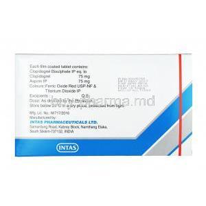 Clavix-AS,Aspirin + Clopidogrel, 75mg + 75mg, Tablet, Box back