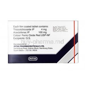 Hifenac TH, Aceclofenac+Thiocolchicoside, 100 mg4 mg, Tablet, box back information