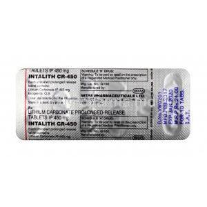 Intalith CR,Lithium 450 mg, Tablet(CR),sheet information