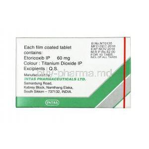 Nureeto, Etoricoxib, 60 mg,Tablet, box back information