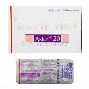 Aztor, Atorvastatin 20mg box and tablets