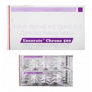 Encorate Chrono, Sodium Valproate 333mg and Valproic Acid 145mg box and tablets