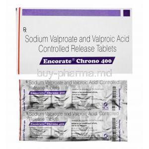 Encorate Chrono, Valproic Acid 116mg and Sodium Valproate 266.66mg box and tablets