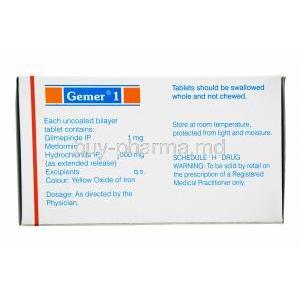 Gemer, Glimepiride 1mg and Metformin 500mg composition