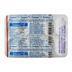 Gemer, Glimepiride 1mg and Metformin 500mg tablets back