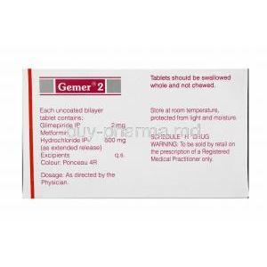 Gemer, Glimepiride 2mg and Metformin 500mg composition