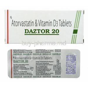 Daztor, Atorvastatin 20mg and Vitamin D3 1000IU box and tablets
