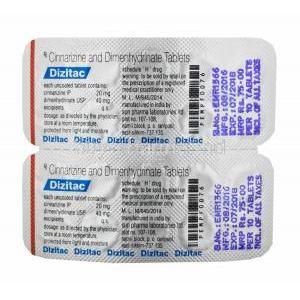 Dizitac, Cinnarizine and Dimenhydrinate tablets back