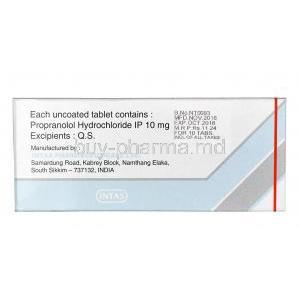 Provanol,Propranolol, 10 mg,Tablet, box back information
