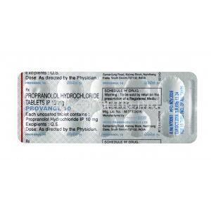 Provanol,Propranolol, 10 mg,Tablet, sheet information