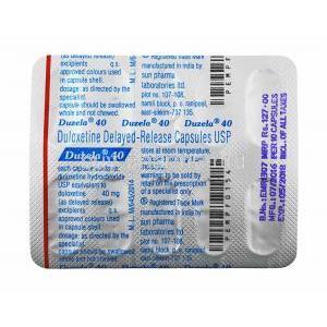 Duzela, Duloxetine 40mg capsules back