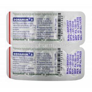 Donamem, Donepezil 5mg and Memantine 5mg tablets back