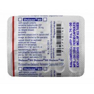 Dulane, Duloxetine 20mg capsules back