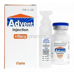 Advent Injection, Amoxycillin and Clavulanic Acid box and vial