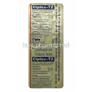 Ciplox-TZ, Ciprofloxacin and Tinidazole tablets back
