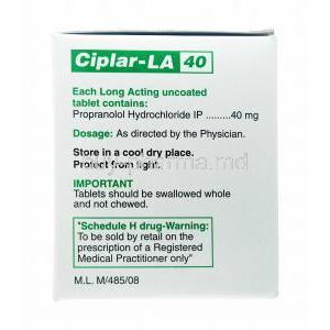 Ciplar-LA, Propranolol 40mg composition