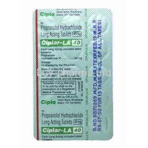Ciplar-LA, Propranolol 40mg tablets back